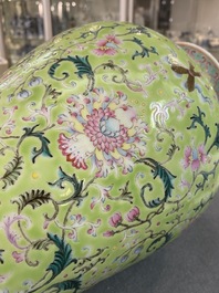 A Chinese famille rose lime-green-ground vase, Qianlong mark, 19/20th C.